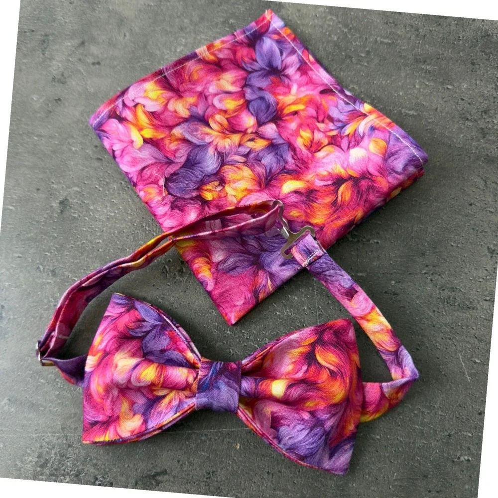 Floral Bow Tie and Pocket Square Set Purple‎ Pink Orange Abstract Adjustable